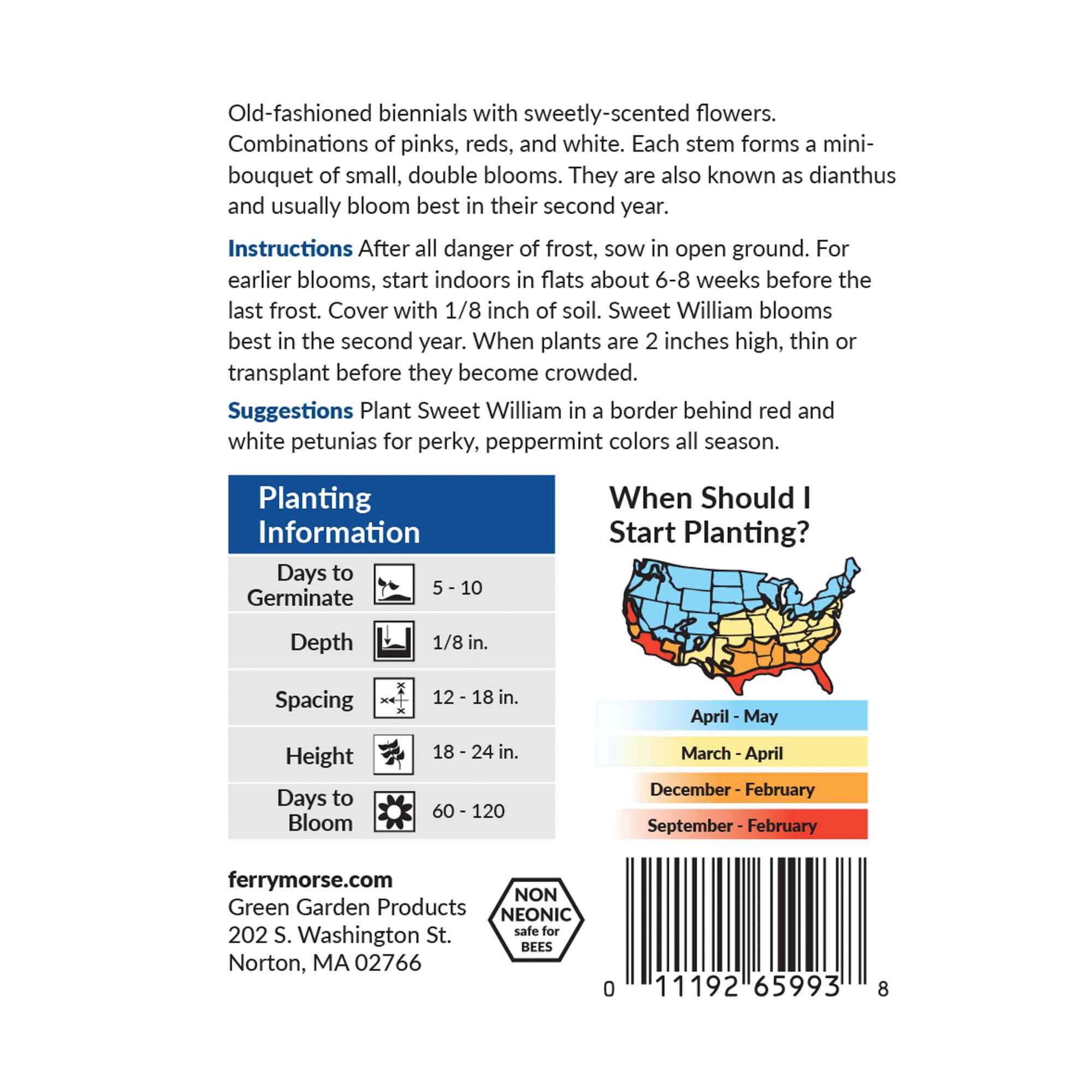 Sweet william double flowered mixed colors back of packaging